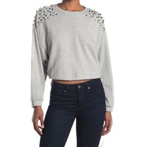 14TH & UNION NEW Faux Pearl Crew Neck cropped Sweatshirt in Gray Heather